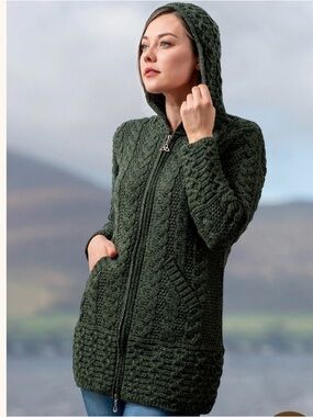 Inis Crafts Green Merino Wool Fisherman Hoodie Celtic Coatigan Sweater Small